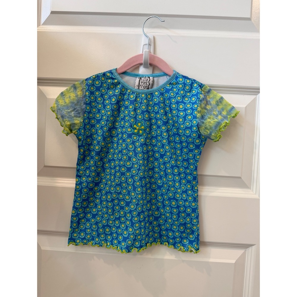 Vintage Mis Tee V-Us Girls Blue Green Floral Lace Sleeve Lettuce Edge Top 4/5